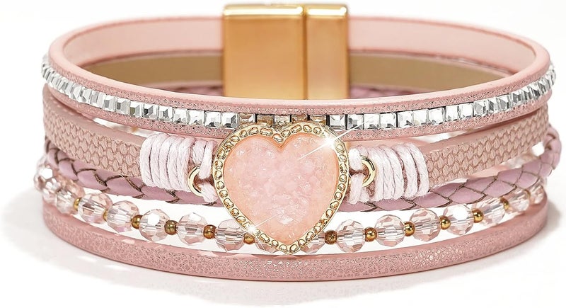 Suyi Multilayer Leather Wrap Bracelet Heart-Shape Wide Cuff Bracelets for Women - Image 1